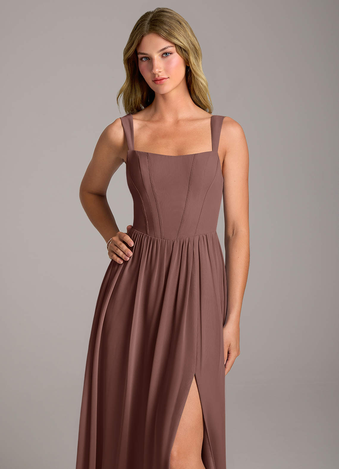 Rosaline A-Line Square-Neck Chiffon Bridesmaid Dress in Espresso