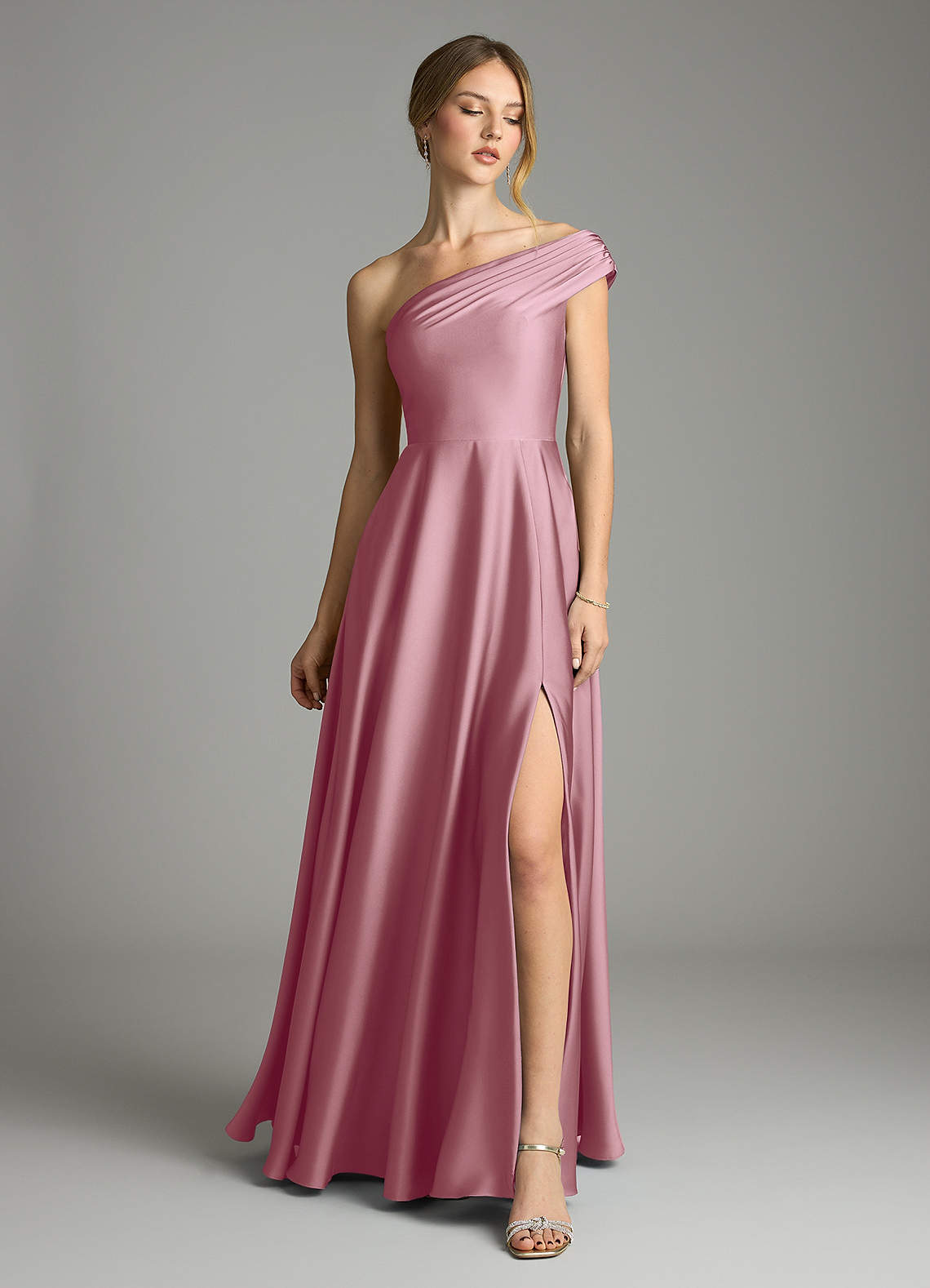 Melanie A-Line One-Shoulder Stretch Satin Bridesmaid Dress in Vintage Mauve