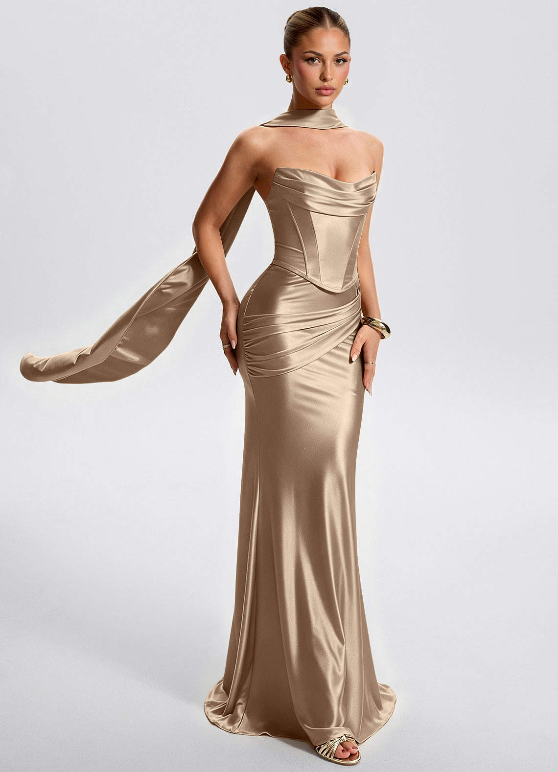 Fernley Mermaid Corset Stretch Satin Evening Dress in Champagne
