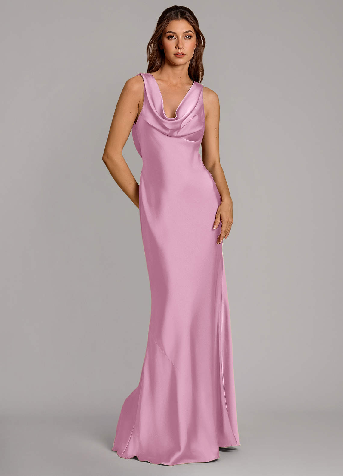 Cheryl Mermaid Cowl-Neck Stretch Satin Bridesmaid Dress in candy pink