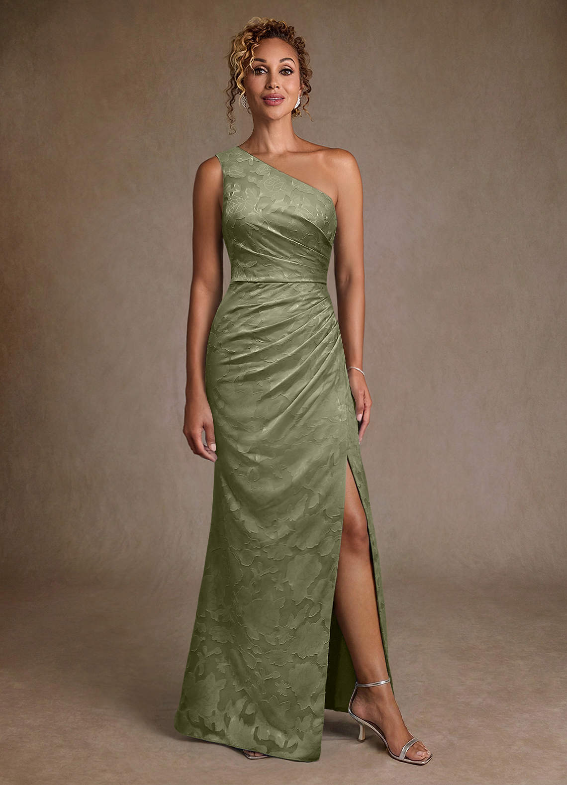 Joylin Trumpet One-Shoulder Floral Burnout Mother of the Bride Dress in Pistachio