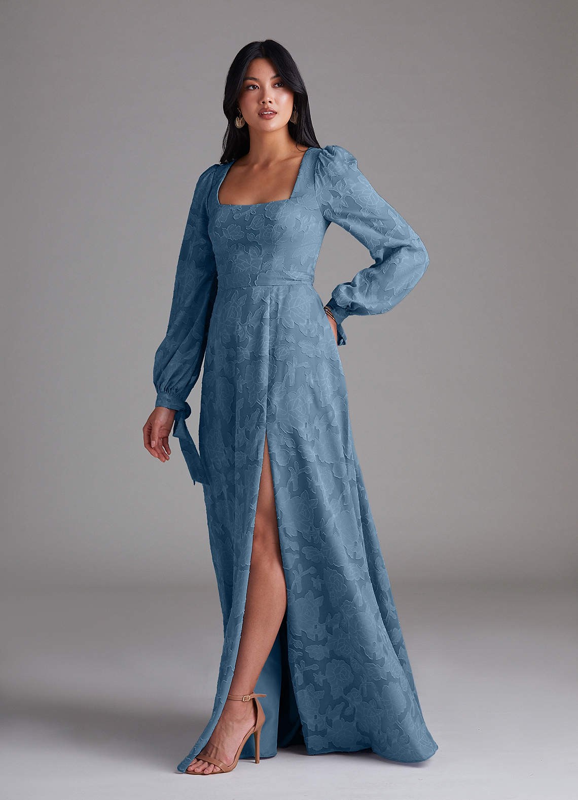 Leonia A-Line Square-Neck Stretch Satin Bridesmaid Dress in Steel Blue