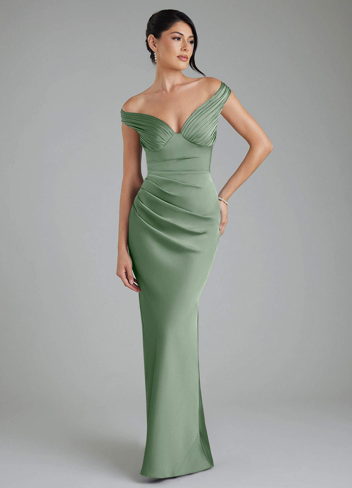 Stella Sheath V-Neck Stretch Satin Bridesmaid Dress in Matcha