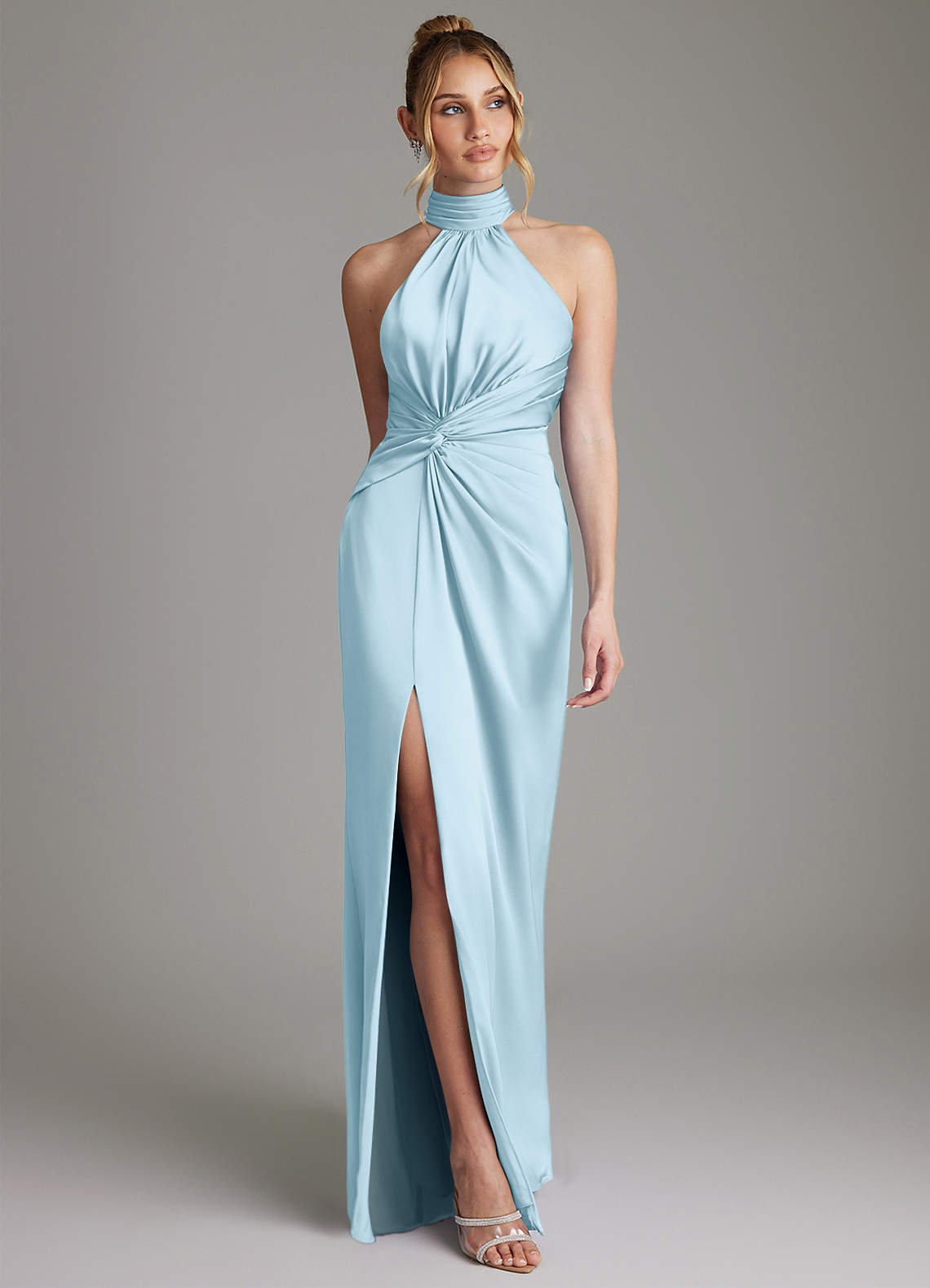 Gracelynn Sheath Halter Stretch Satin Bridesmaid Dress in Sky Blue