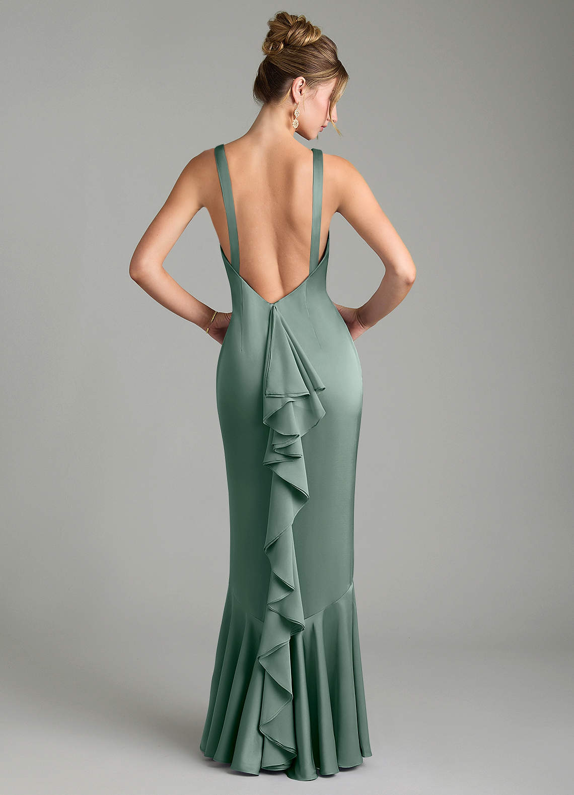 Tamera Mermaid Boat-Neck Stretch Satin and Chiffon Bridesmaid Dress in Silver Sage