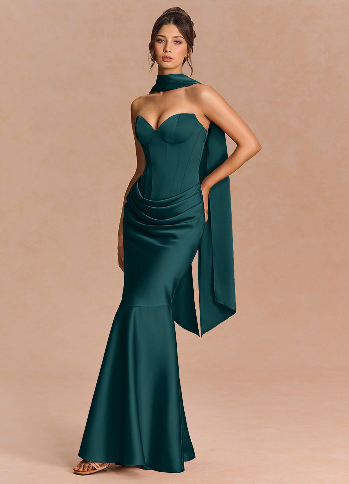 Euphemia Mermaid Strapless Stretch Satin Evening Dress in Forest Green
