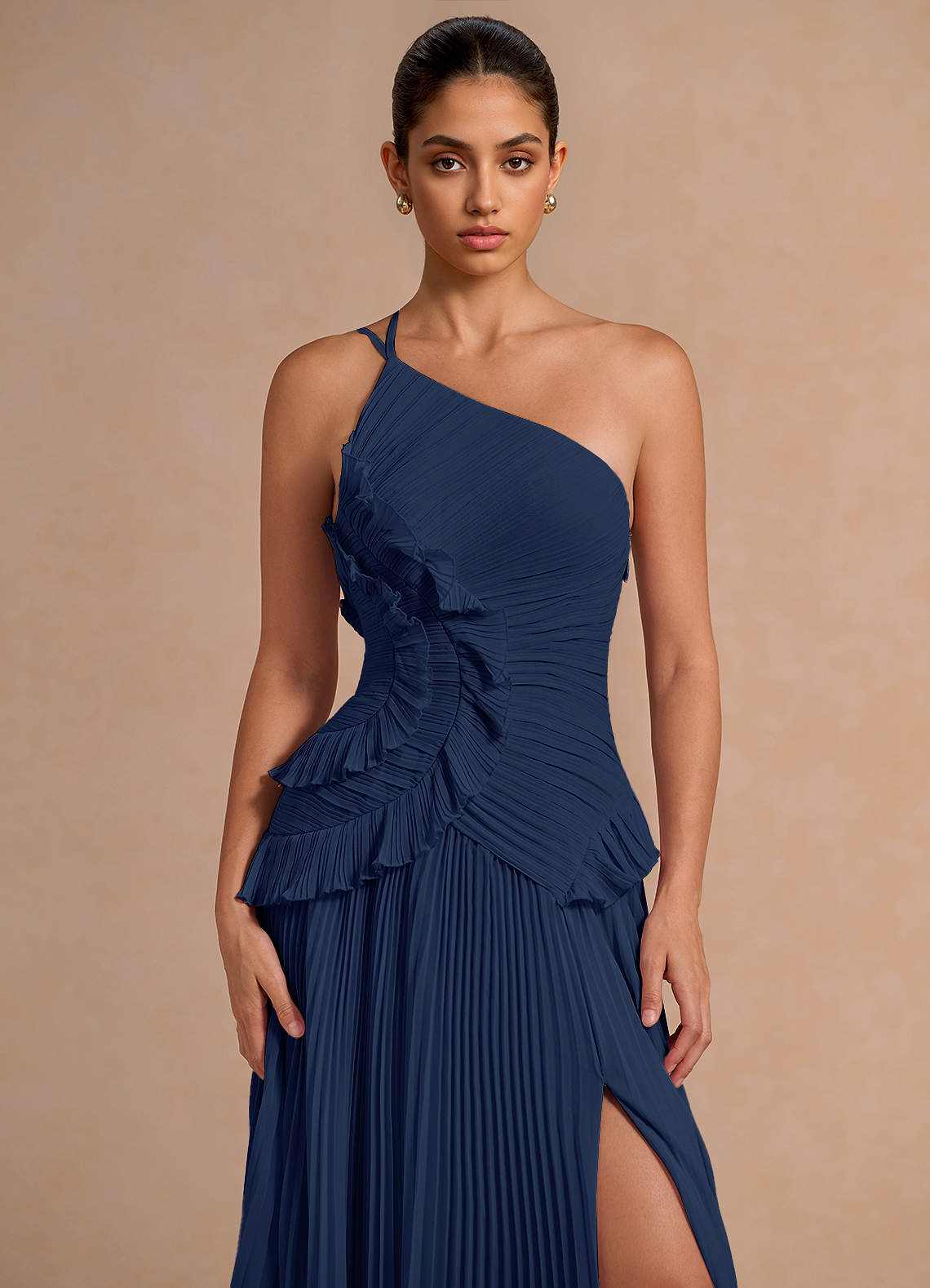 Melody A-Line One-Shoulder Chiffon Evening Dress in Navy