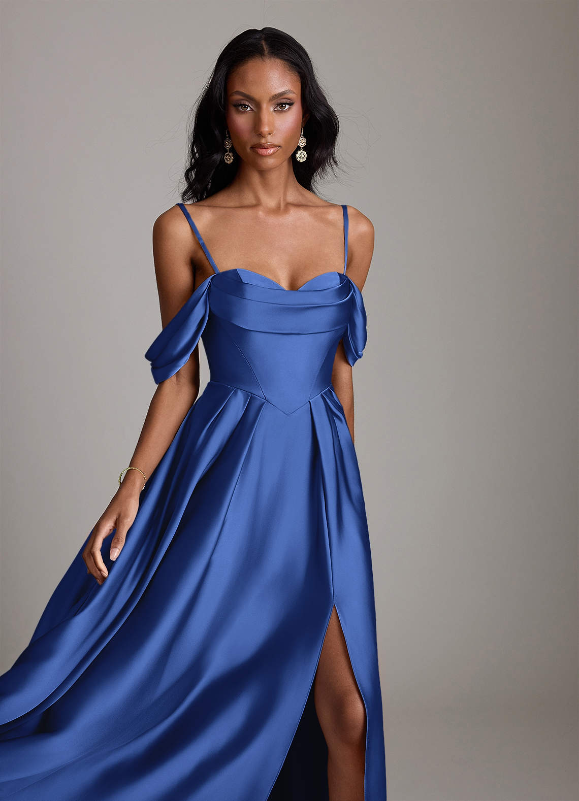 Loisa A-Line Off-the-Shoulder Stretch Satin Bridesmaid Dress in Royal Blue