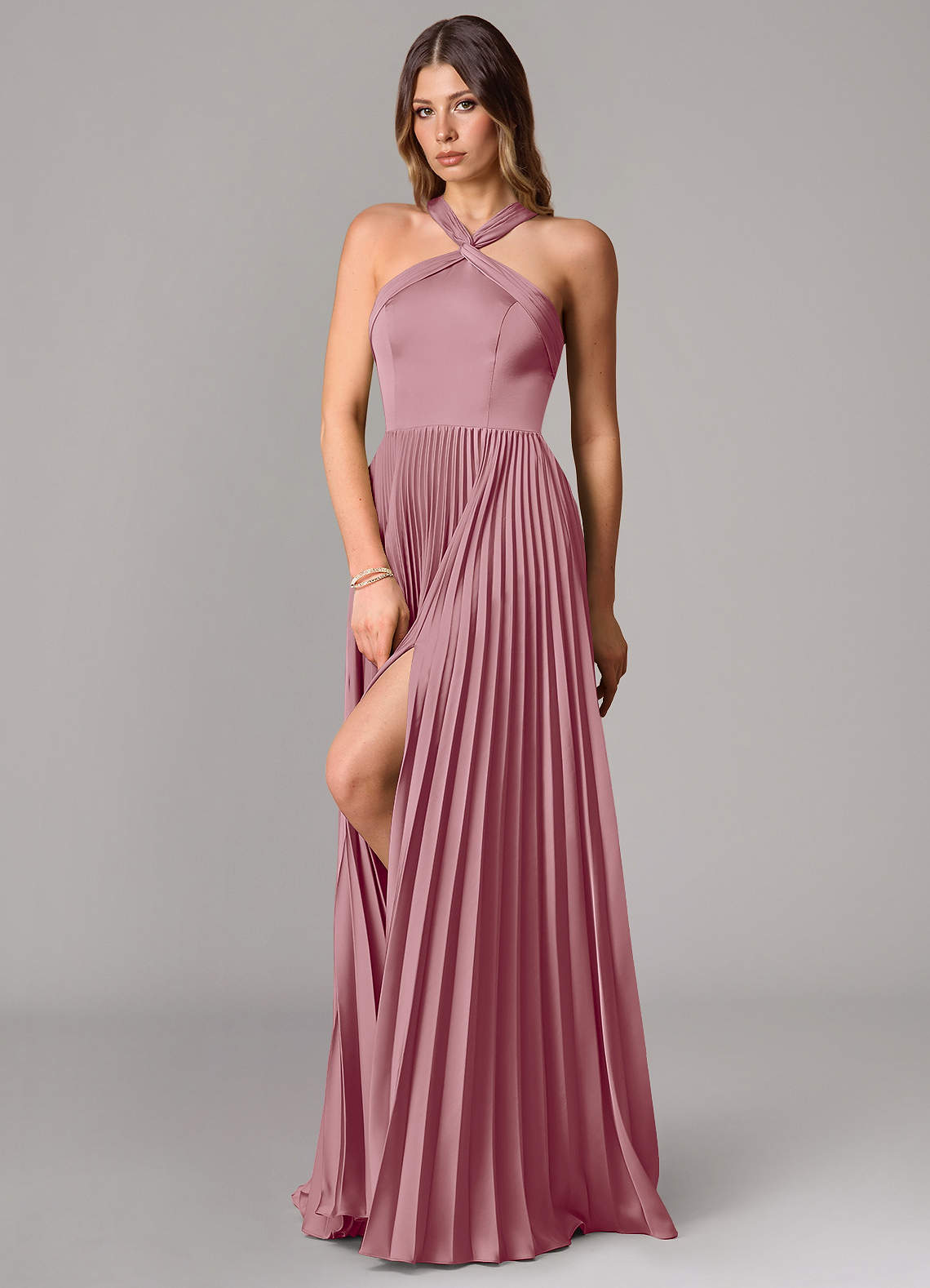 Afra A-Line Halter-Neck Stretch Satin Bridesmaid Dress in Vintage Mauve