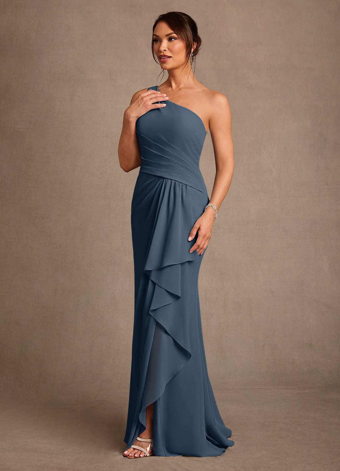 Floy Sheath One-Shoulder Chiffon Mother of the Bride Dress in Neptune