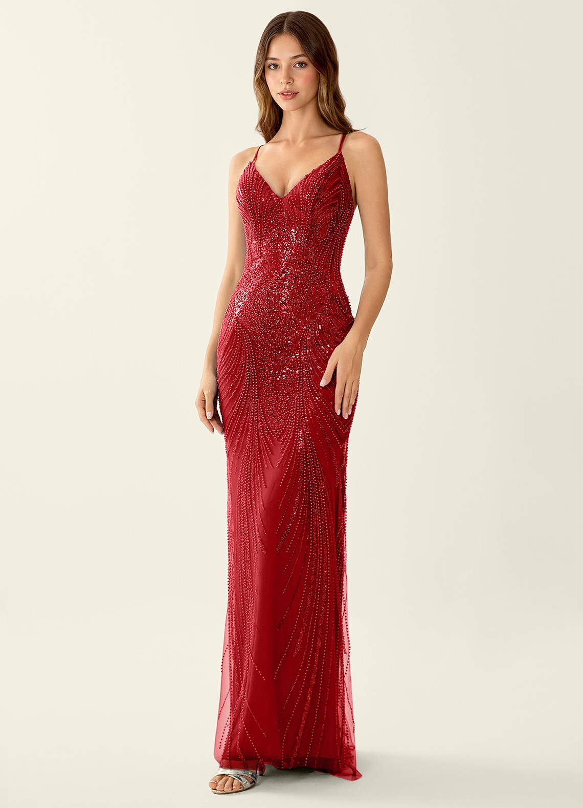 Magnolia Mermaid Beaded Sequined Stretch Mesh Evening Dress in Red
