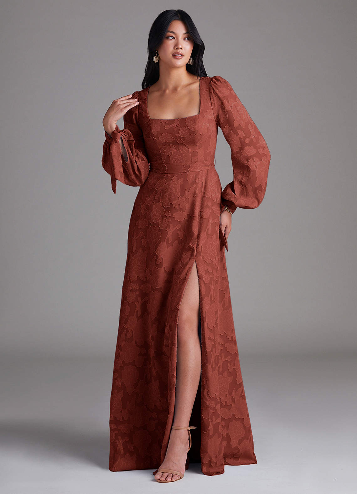 Leonia A-Line Square-Neck Stretch Satin Bridesmaid Dress in Terracotta