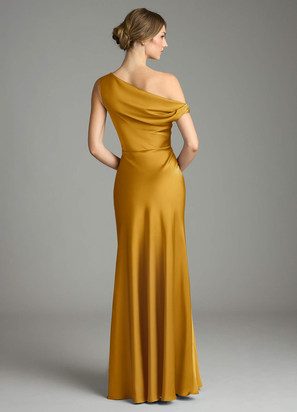 Emerson Mermaid One-Shoulder Stretch Satin Bridesmaid Dress in butterscotch