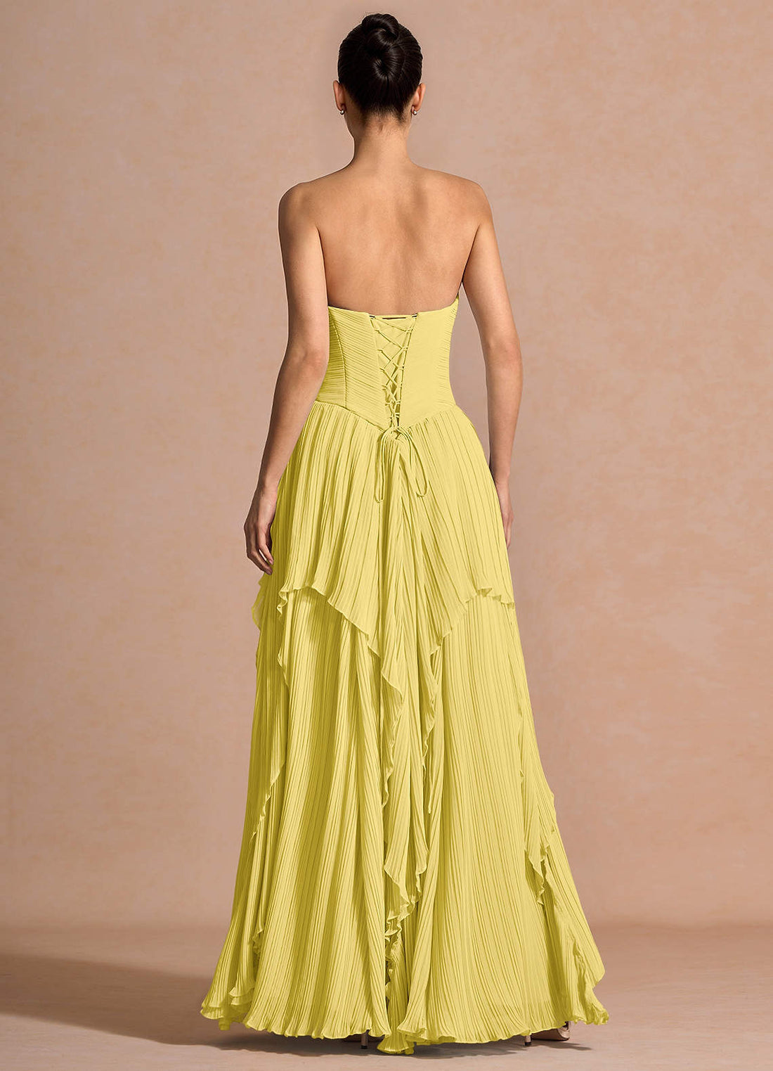 Kerensa A-Line Ruffled Chiffon Evening Dress in Pastel Yellow