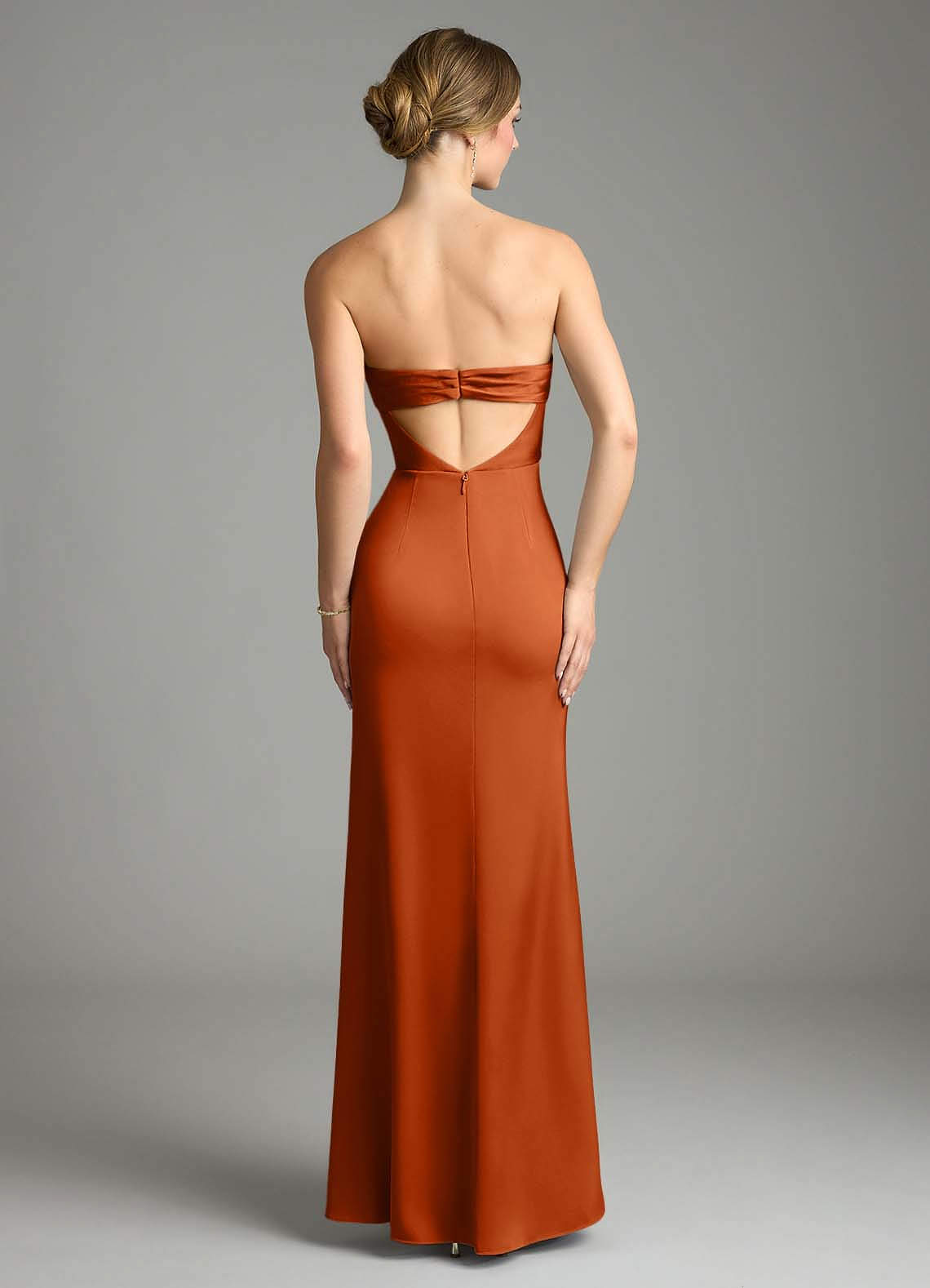 Leonis Mermaid Cowl-Neck Stretch Satin Bridesmaid Dress in Burnt Orange