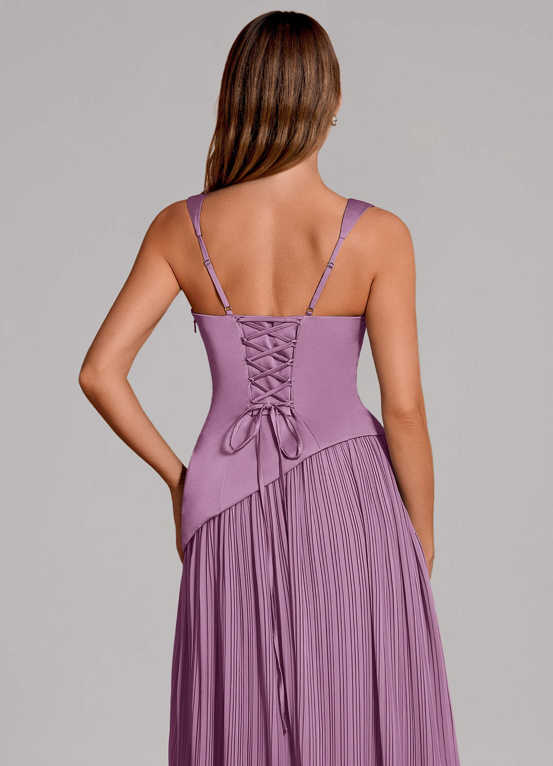 Stephanie A-Line Square-Neck Stretch Satin and Chiffon Bridesmaid Dress in Wisteria