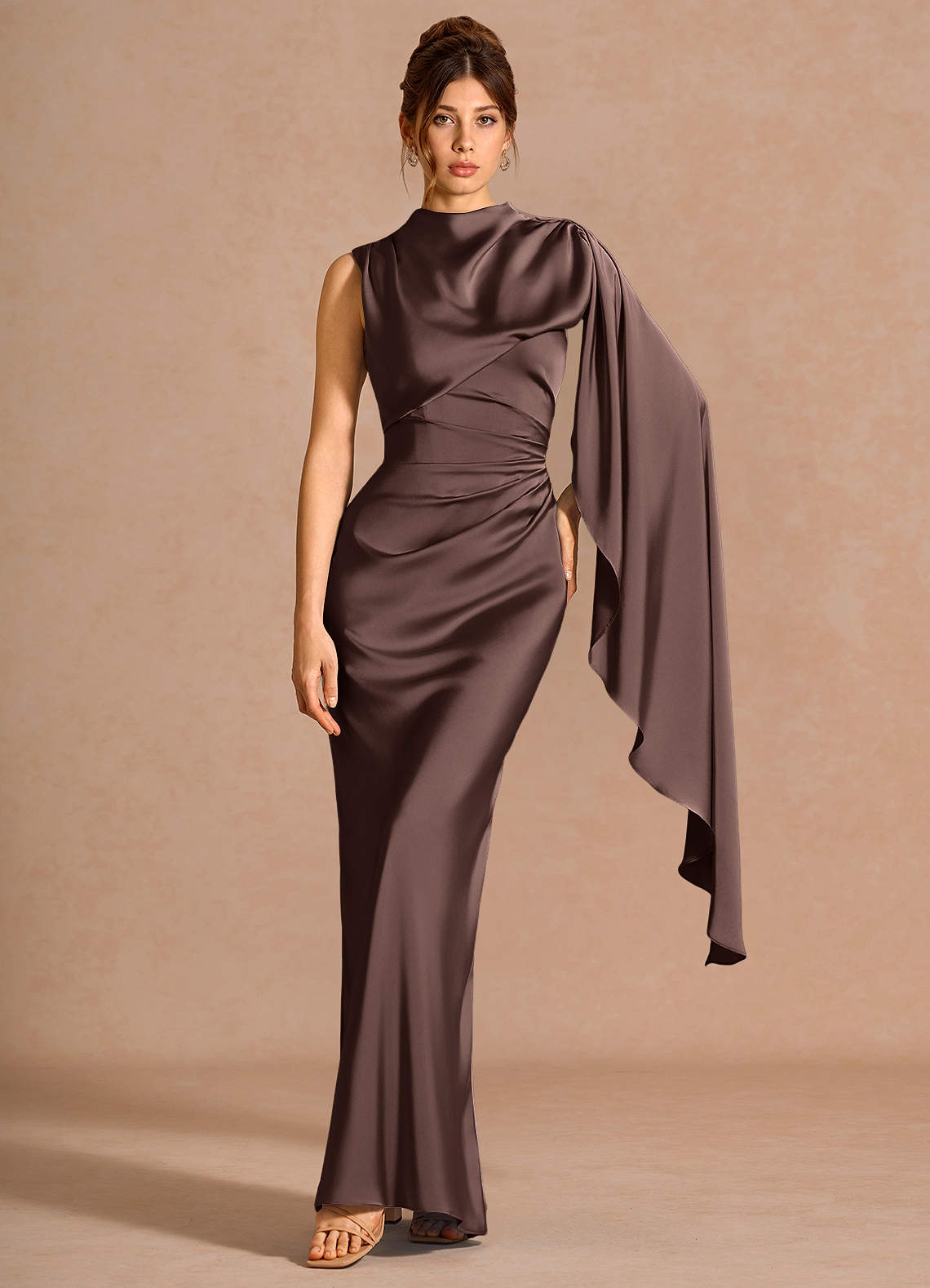 Chesney Cape-Sleeve Pleated Stretch Satin Wedding Guest Dress in Dusty Blue