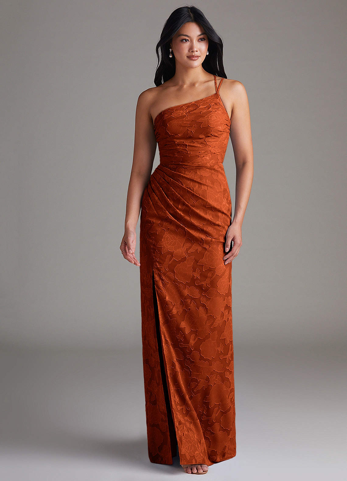 Eren Sheath One-Shoulder Floral Burnout Bridesmaid Dress in Paprika