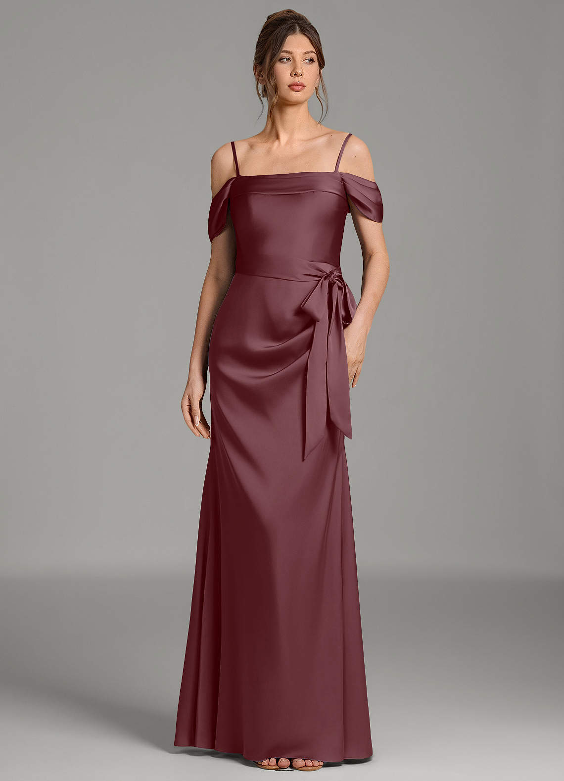 Wyatt Mermaid Off-the-Shoulder Stretch Satin Bridesmaid Dress in Sangria