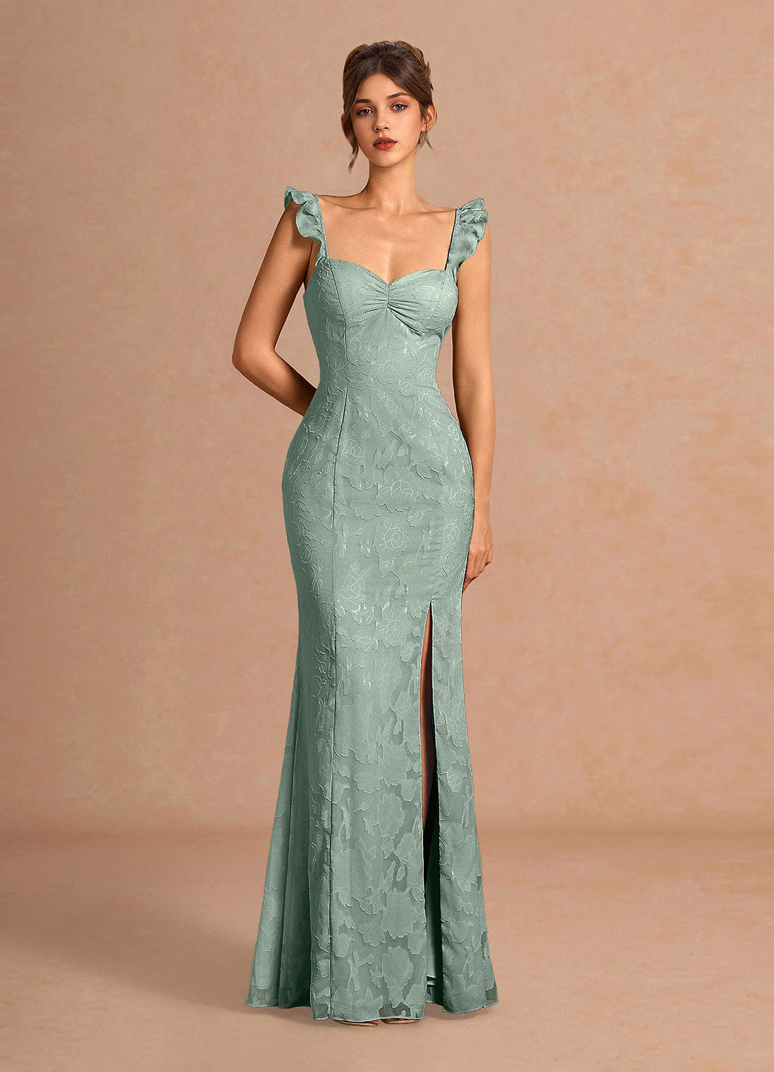 Romilly Mermaid Ruffled Chiffon Burnout Evening Dress in Agave Green