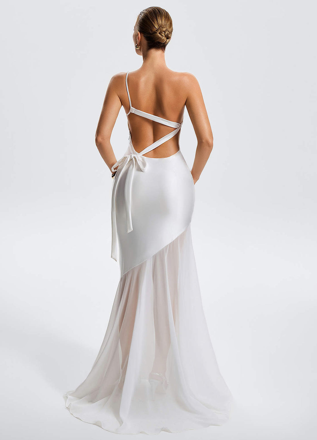 Idalia White Mermaid One-Shoulder Chiffon-Overlay Evening Dress in White Alabaster