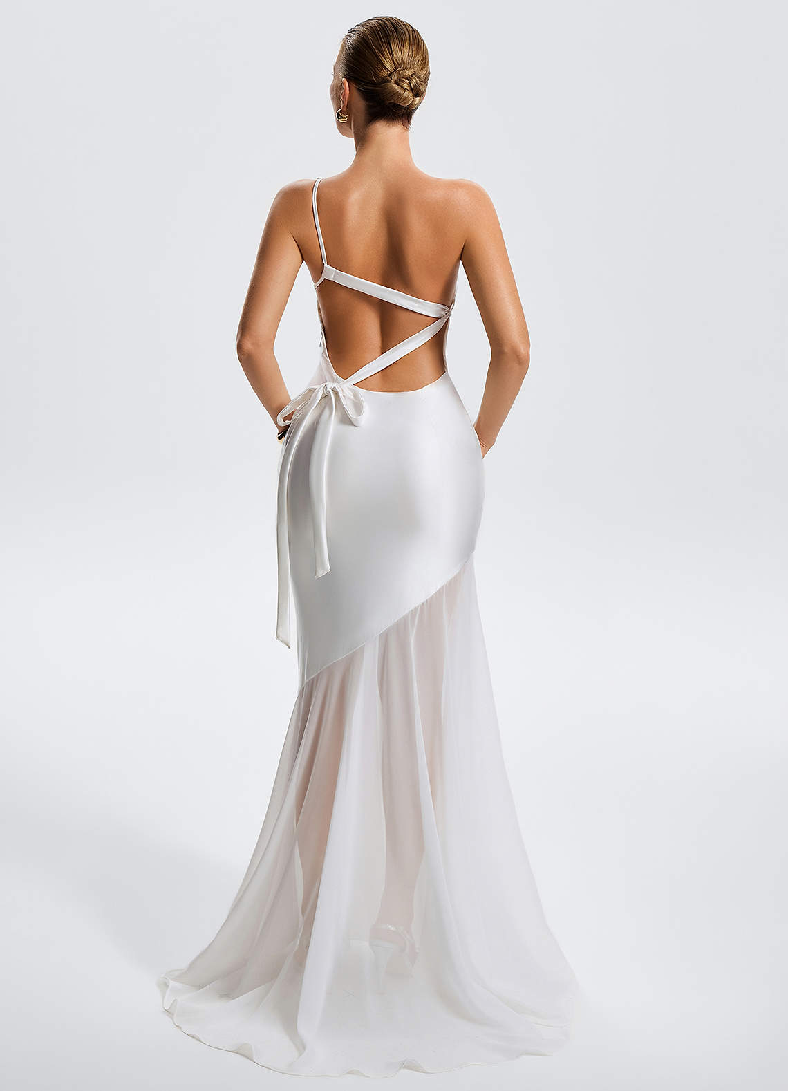 Idalia White Mermaid One-Shoulder Chiffon-Overlay Evening Dress in White Alabaster