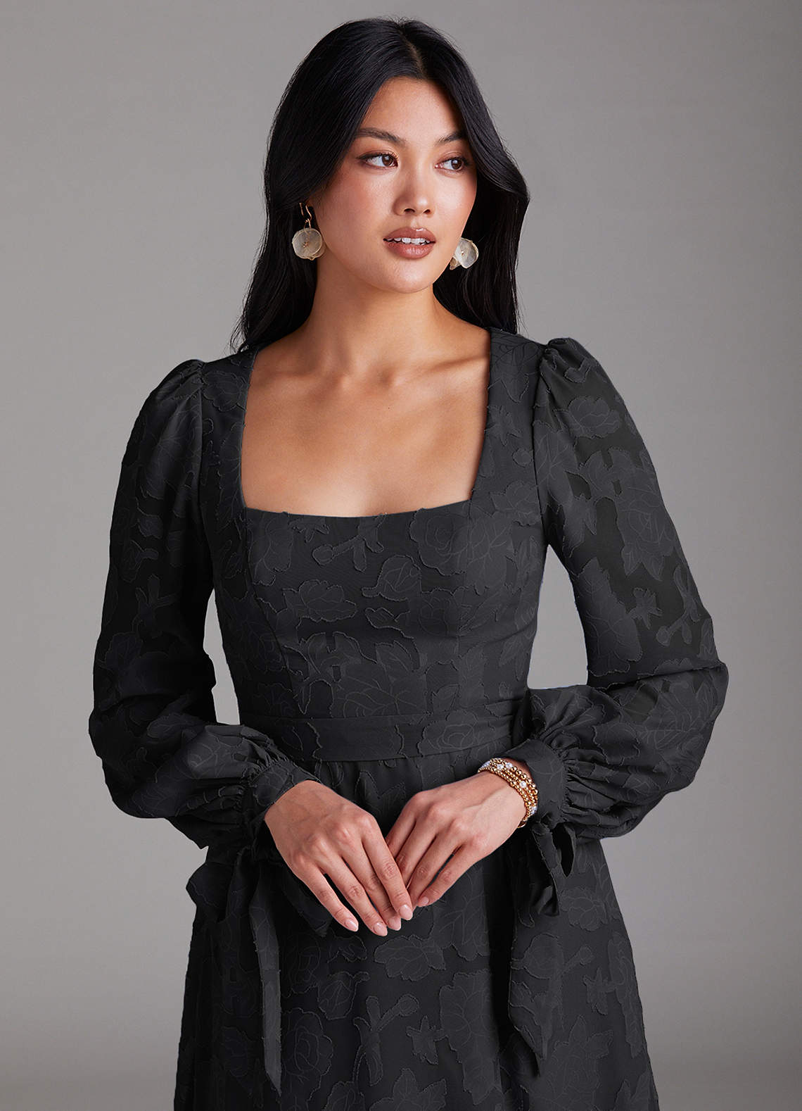 Leonia A-Line Square-Neck Stretch Satin Bridesmaid Dress in black
