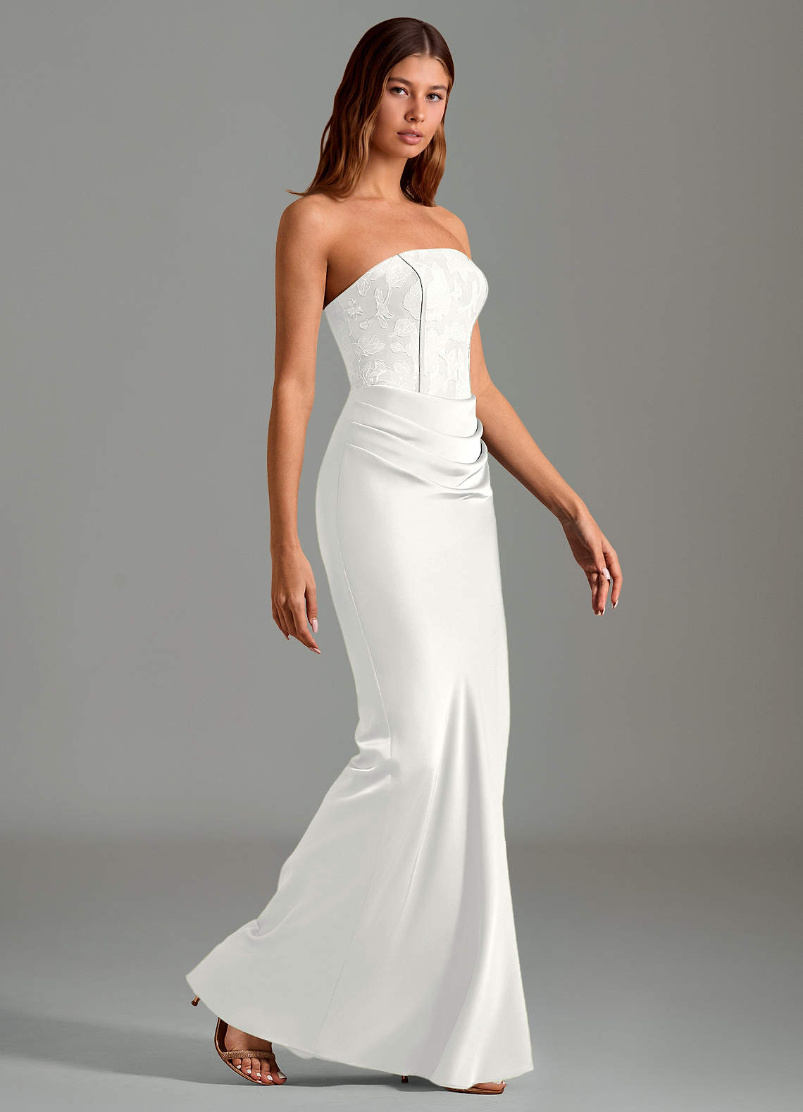 Emilia Mermaid Strapless Stretch Satin and Floral Burnout Bridesmaid Dress in white