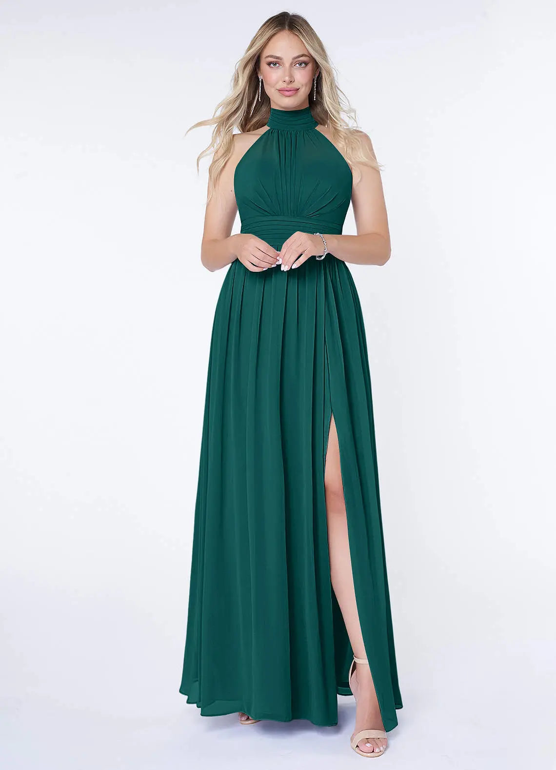 Iman A-Line Halter Chiffon Bridesmaid Dress in Peacock