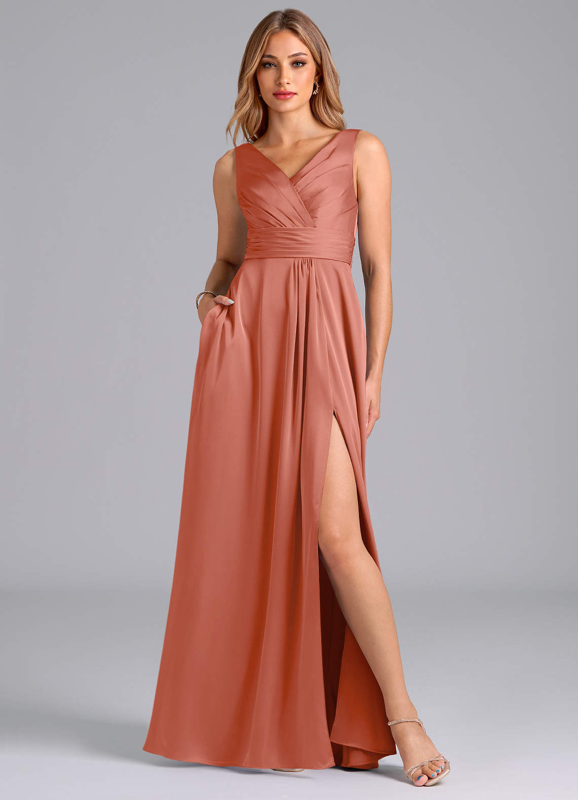 Karina A-Line V-Neck Stretch Satin Bridesmaid Dress in Salmon Pink
