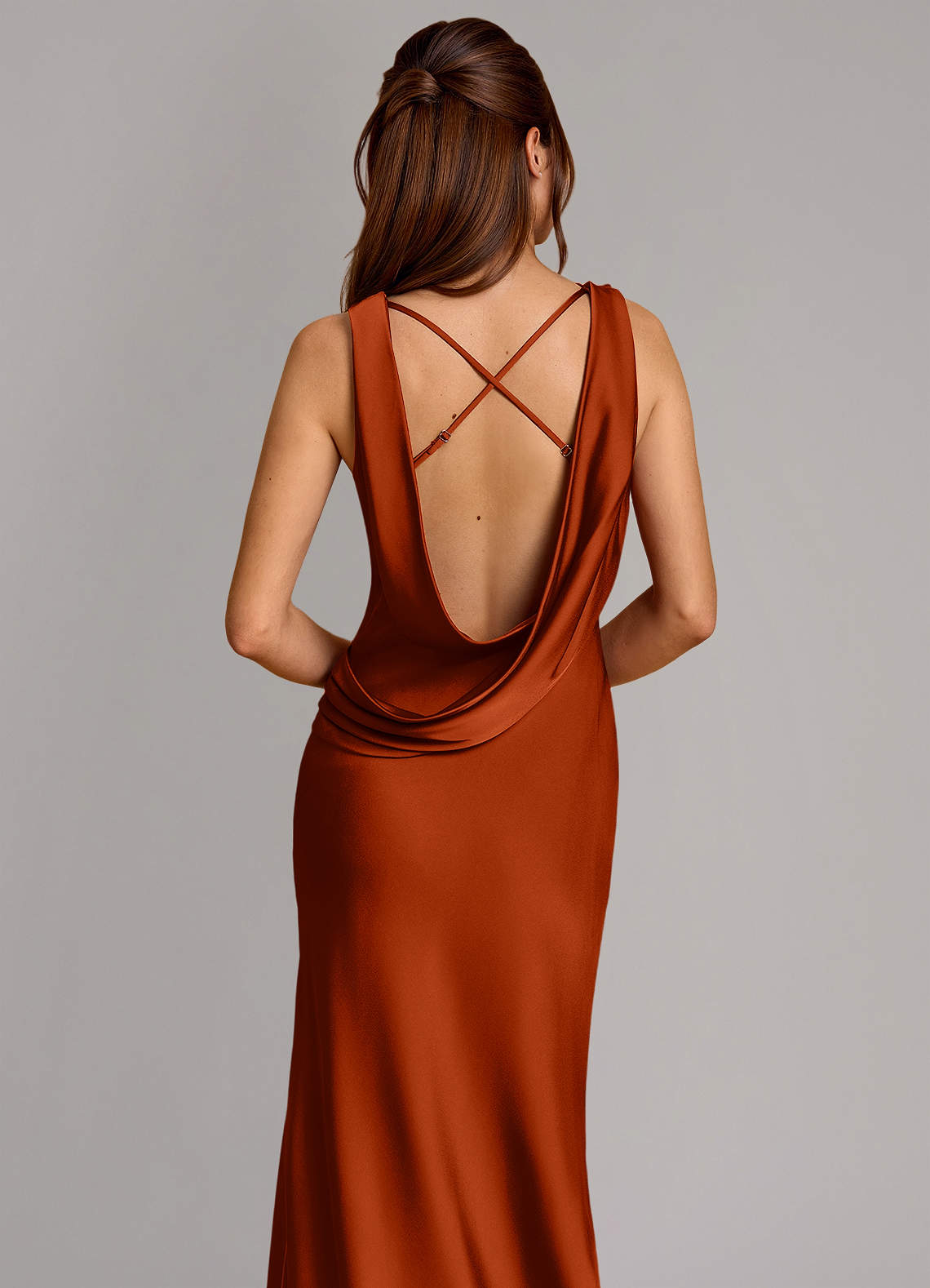 Cheryl Mermaid Cowl-Neck Stretch Satin Bridesmaid Dress in Paprika
