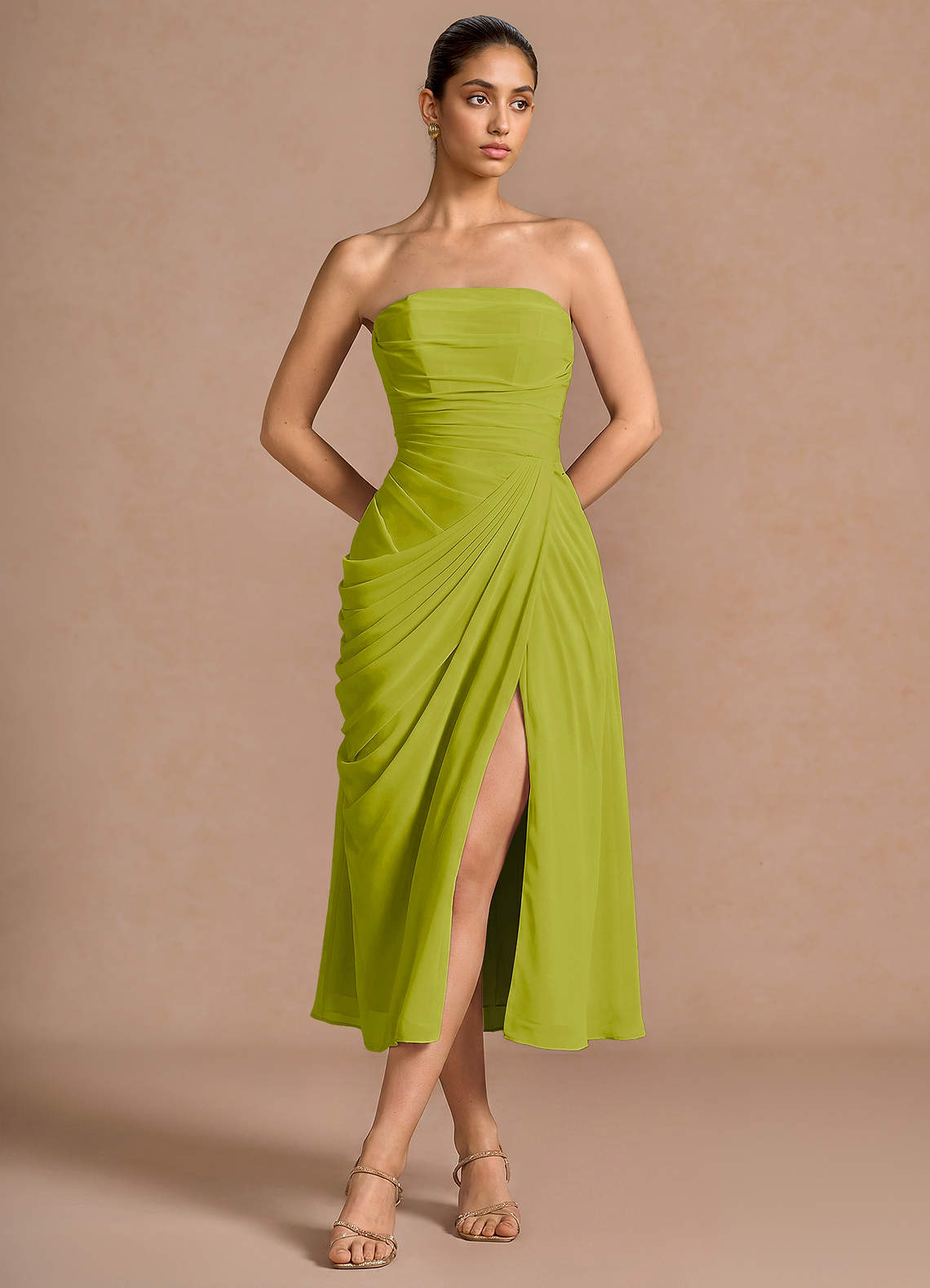 Kaavia Column Pleated Chiffon Midi Evening Dress in Lemon Green