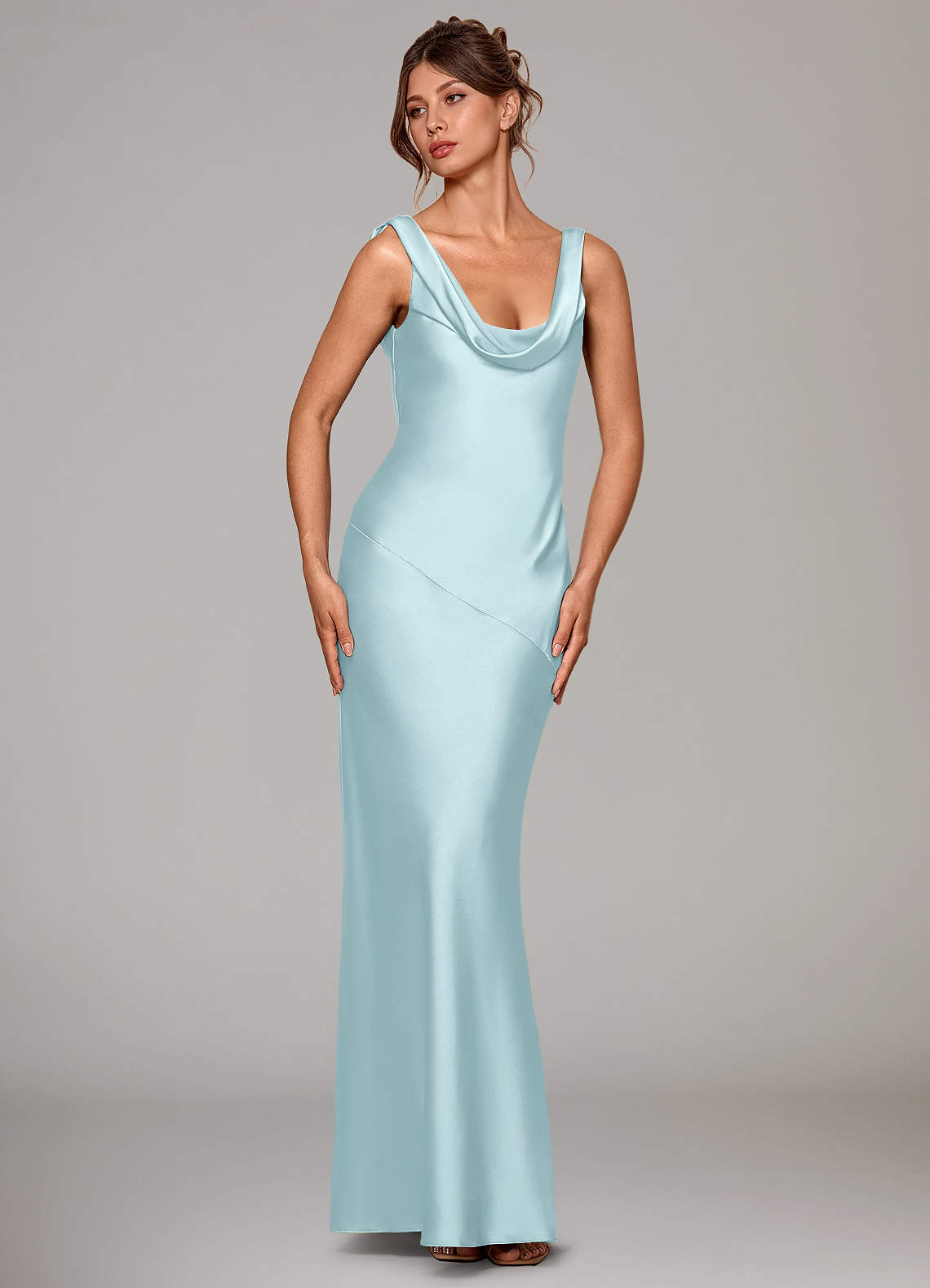 Rylina Mermaid Cowl-Neck Stretch Satin Bridesmaid Dress in Cloud Blue