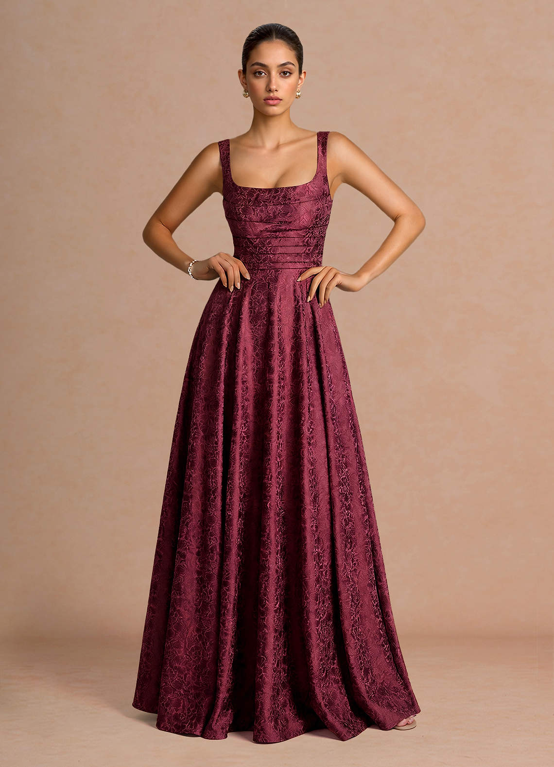 Elowena A-Line Square-Neck Satin Jacquard Evening Dress in Sky Blue