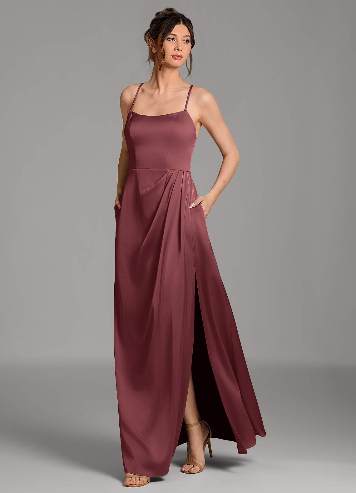 Frankie A-Line Scoop-Neck Stretch Satin Bridesmaid Dress in Merlot
