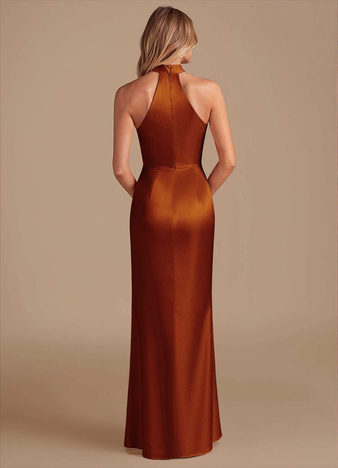 Karlotta Sheath Halter-Neck Metallic Satin Bridesmaid Dress in Auburn