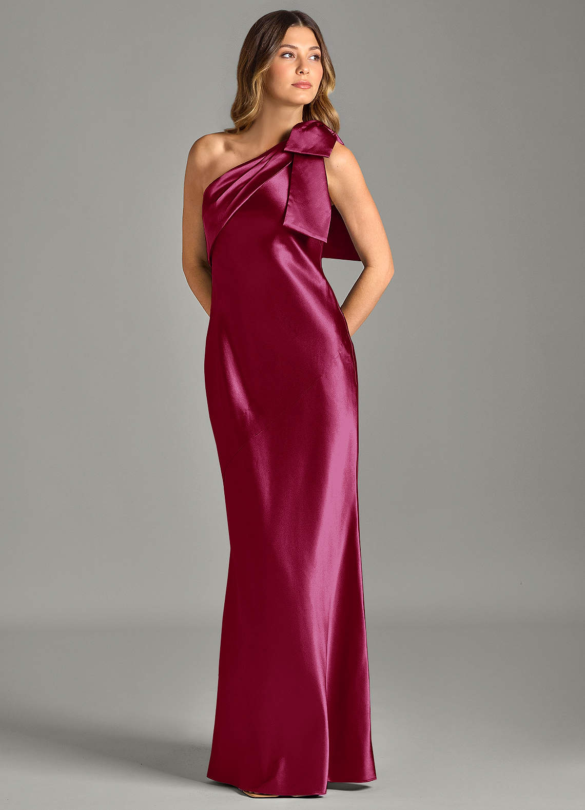 Yuanna Mermaid One-Shoulder Metallic Satin Bridesmaid Dress in Burgundy