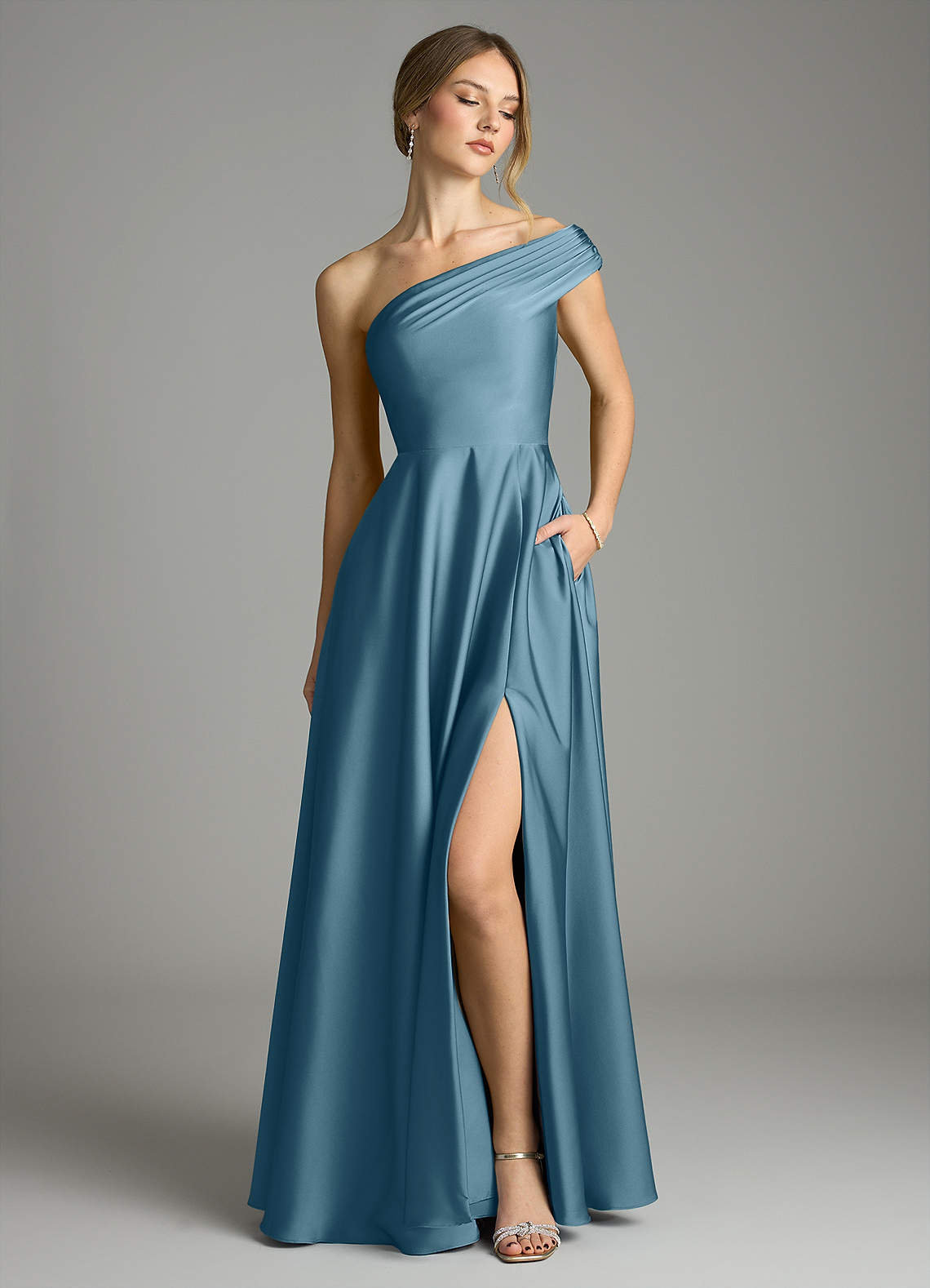 Melanie A-Line One-Shoulder Stretch Satin Bridesmaid Dress in Bermuda