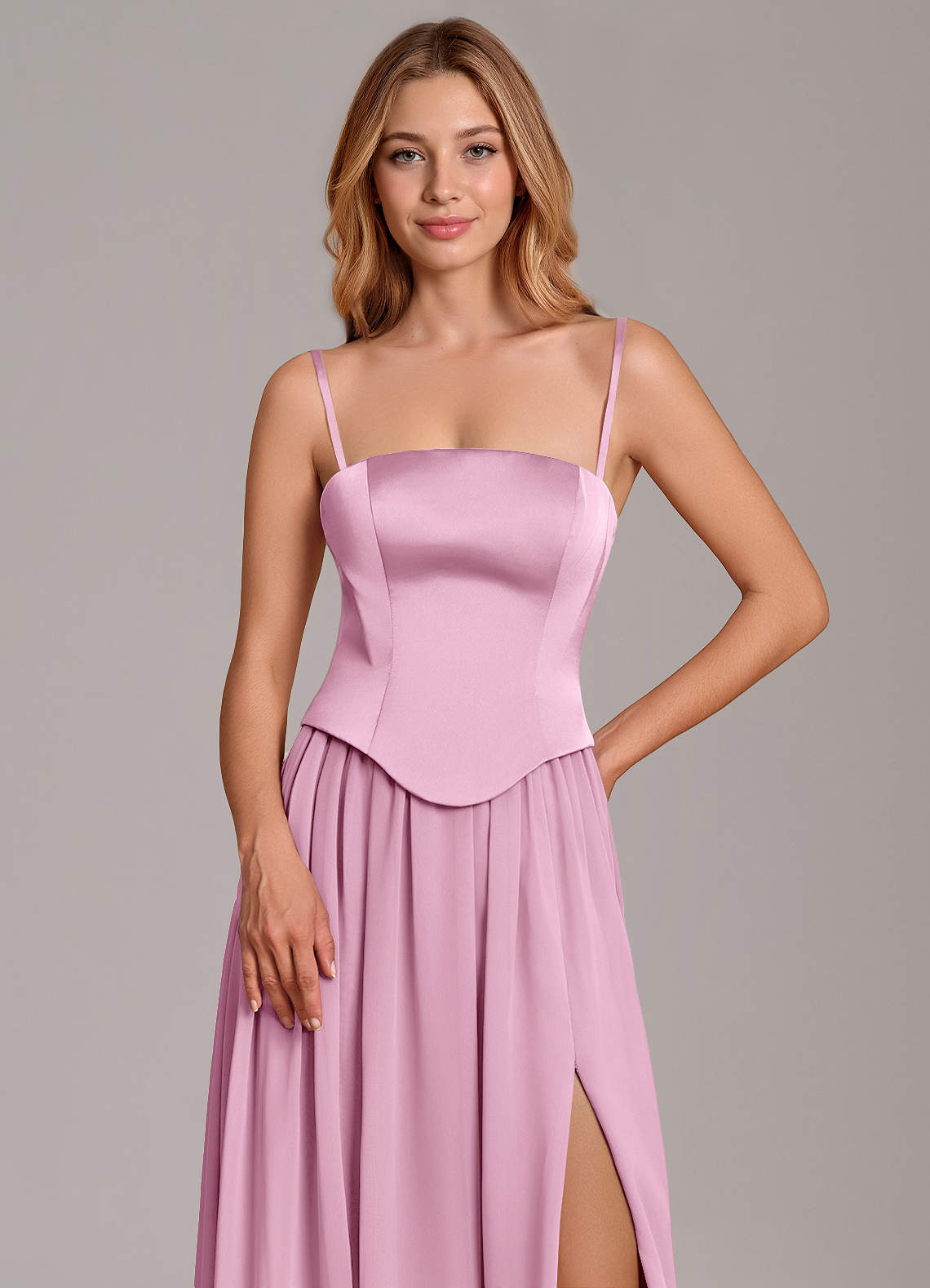 Cadence A-Line Strapless Chiffon and Stretch Satin Bridesmaid Dress in candy pink