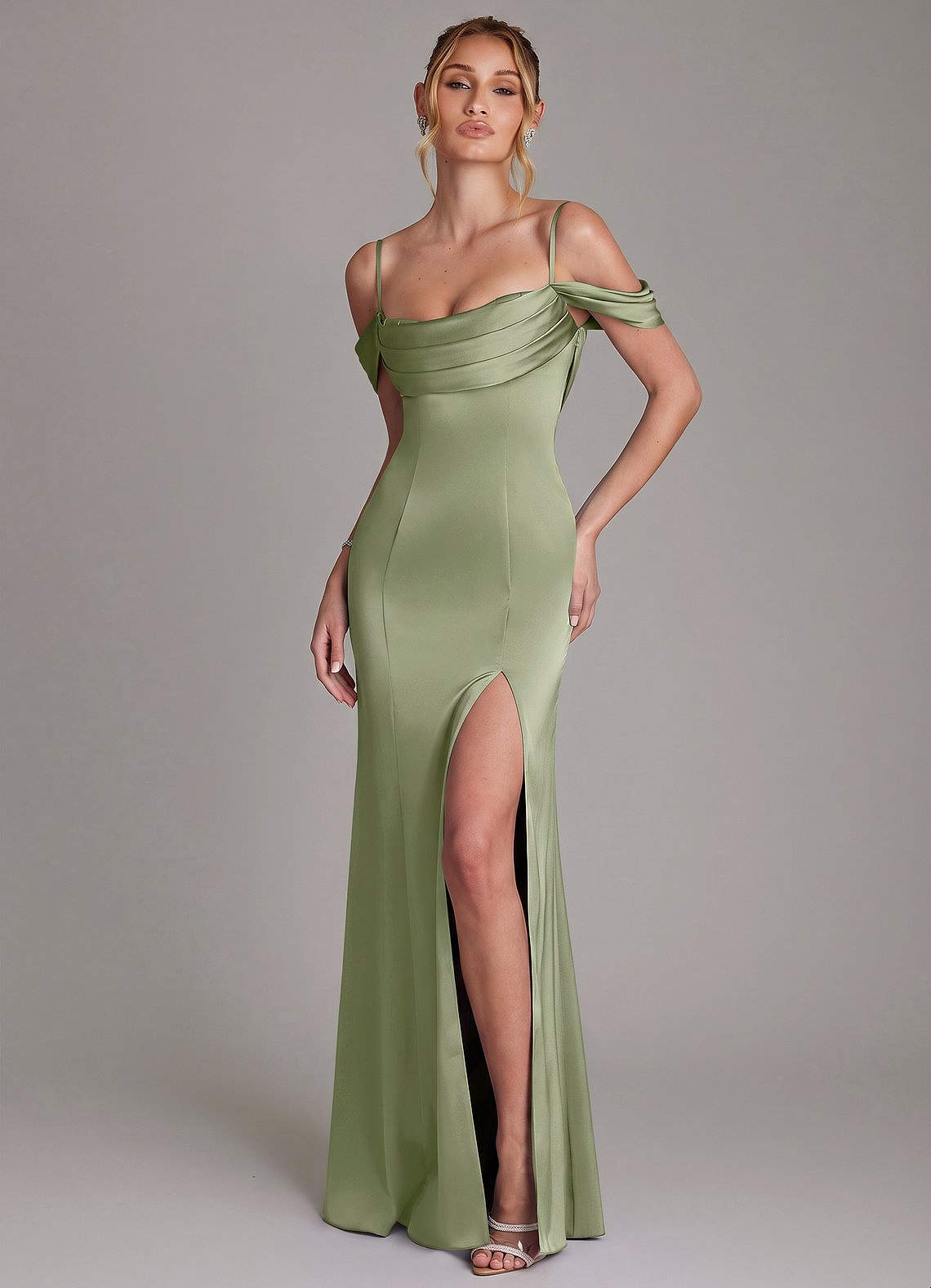 Nira Mermaid Sweetheart Stretch Satin Bridesmaid Dress in Pistachio
