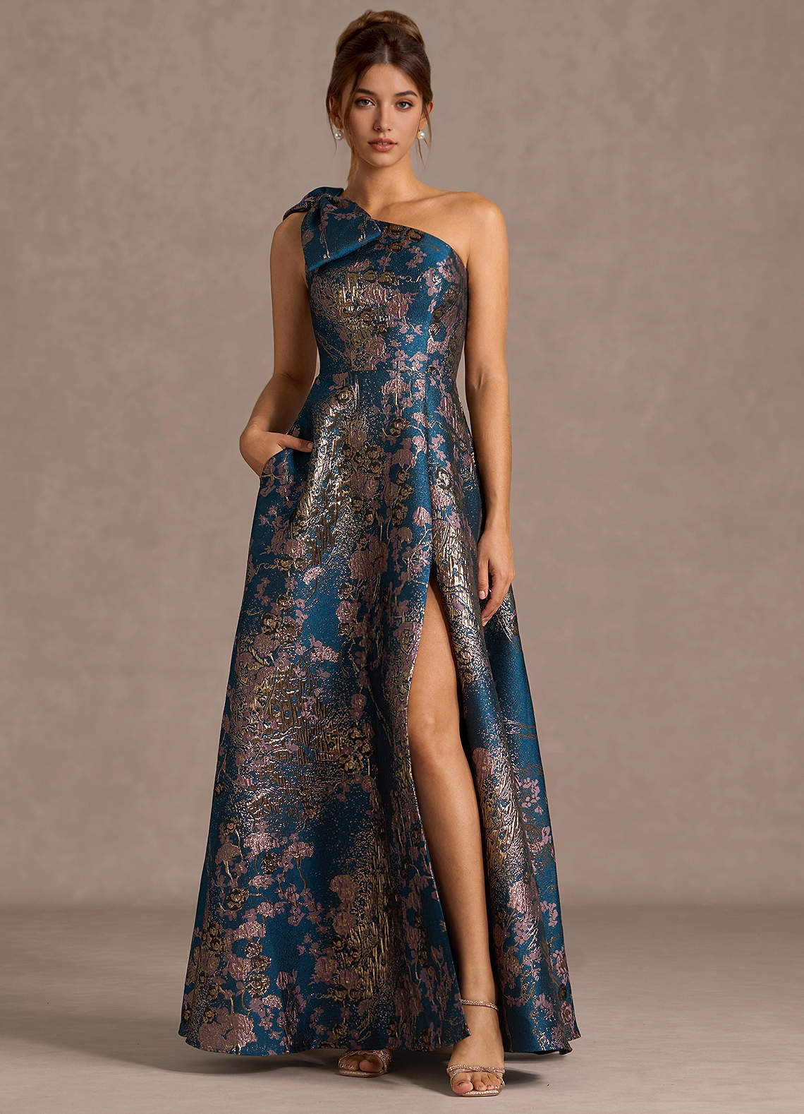 Jonelle A-Line One-Shoulder Metallic Jacquard Evening Dress in Teal Floral