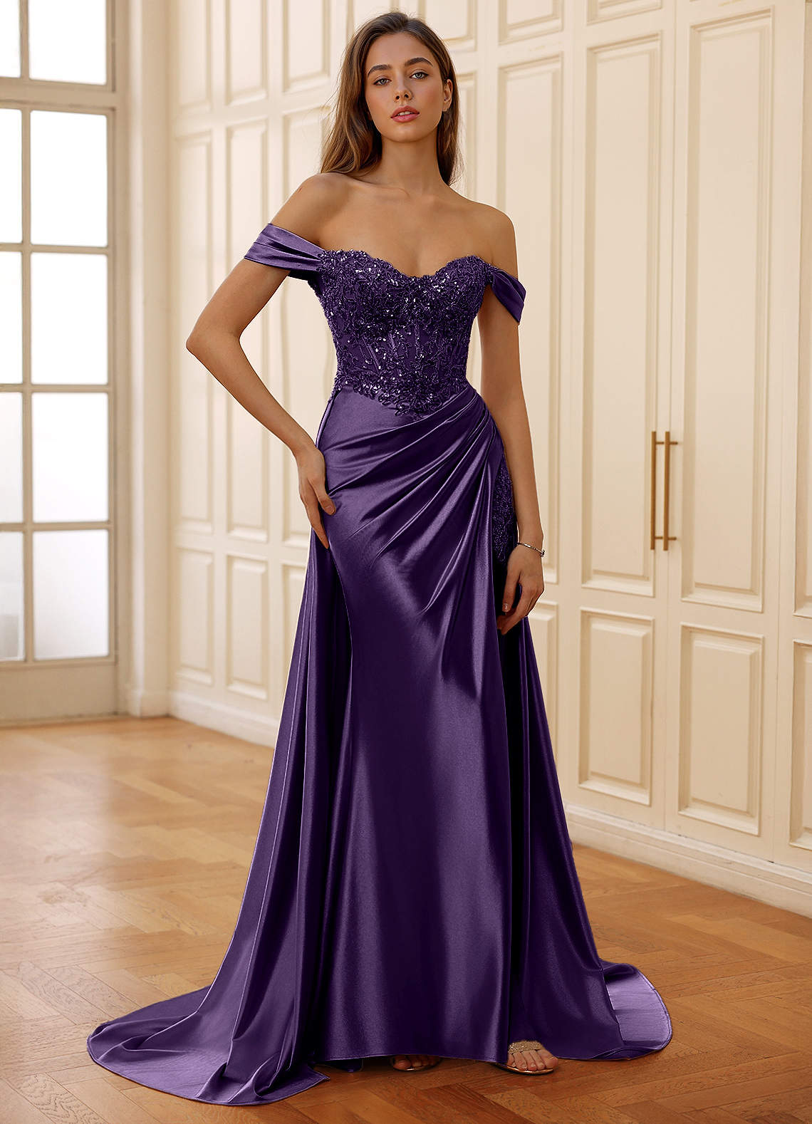 Rowane A-Line Off-the-Shoulder Satin Evening Dress in Plum