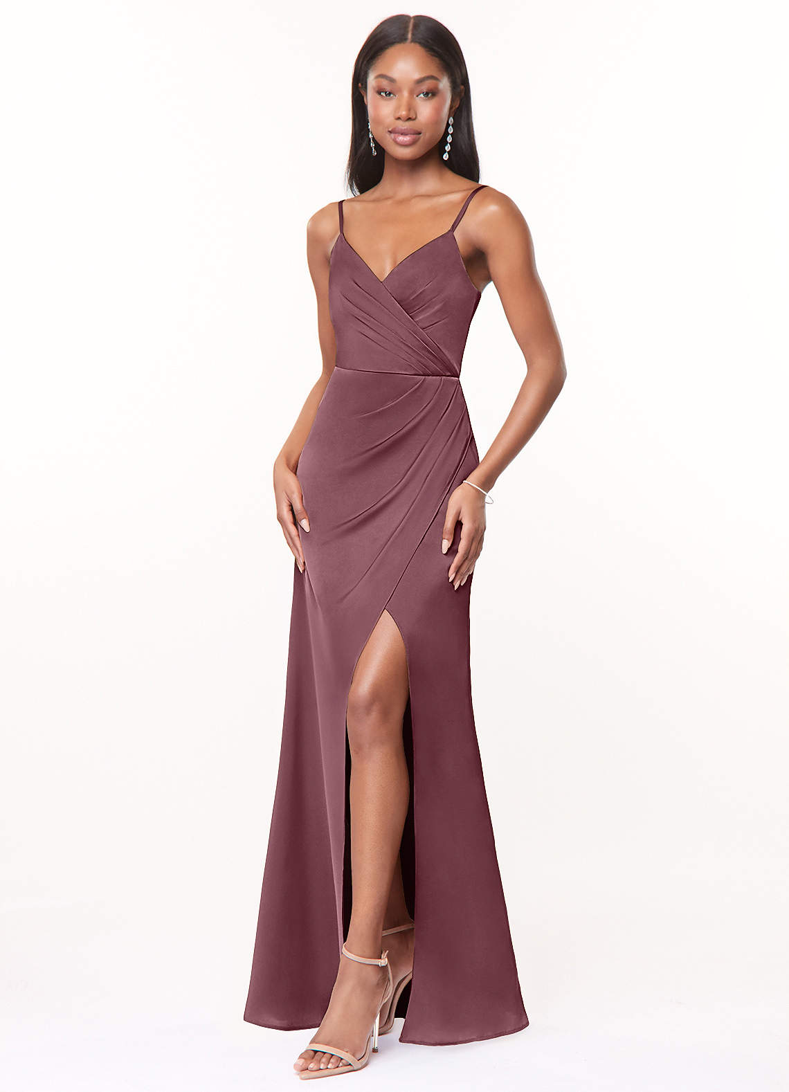 Maci A-Line V-Neck Stretch Satin Bridesmaid Dress in Amethyst