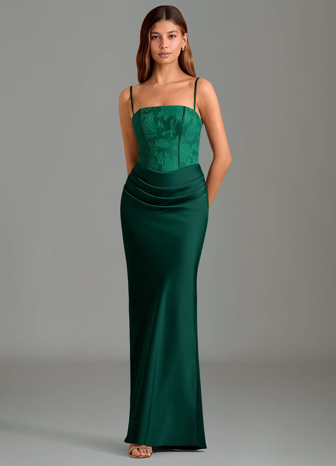 Emilia Mermaid Strapless Stretch Satin and Floral Burnout Bridesmaid Dress in Emerald