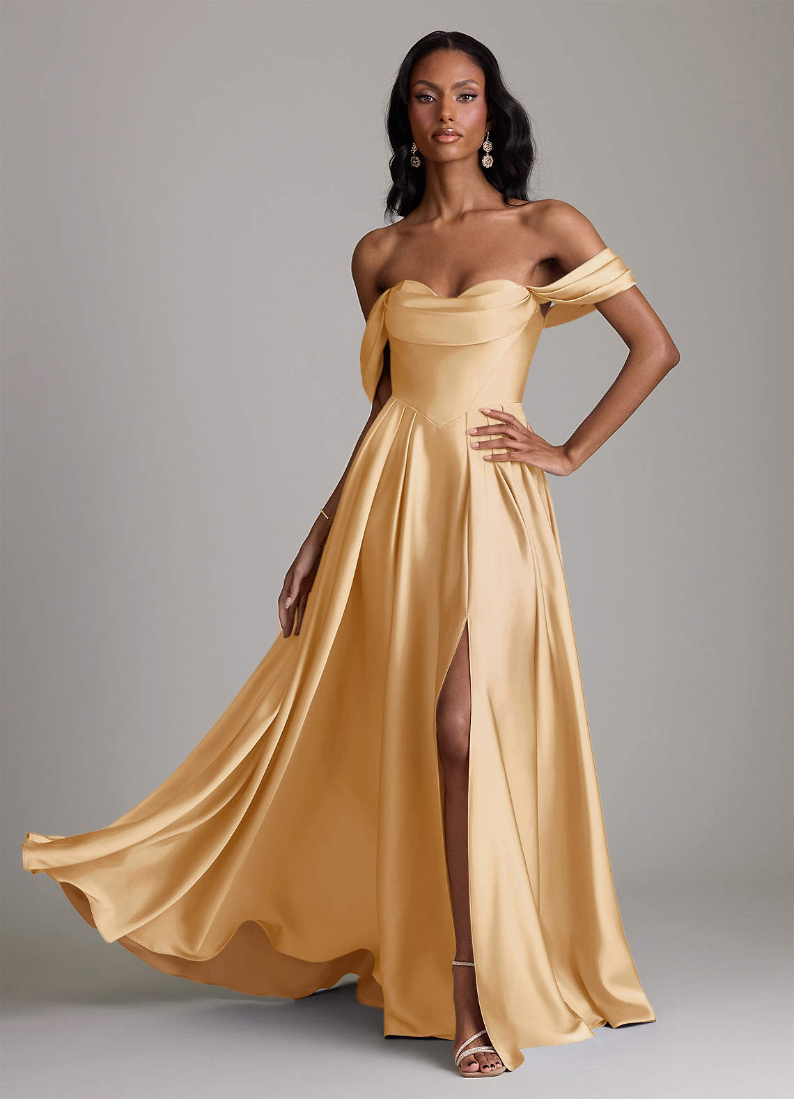 Loisa A-Line Off-the-Shoulder Stretch Satin Bridesmaid Dress in Gold