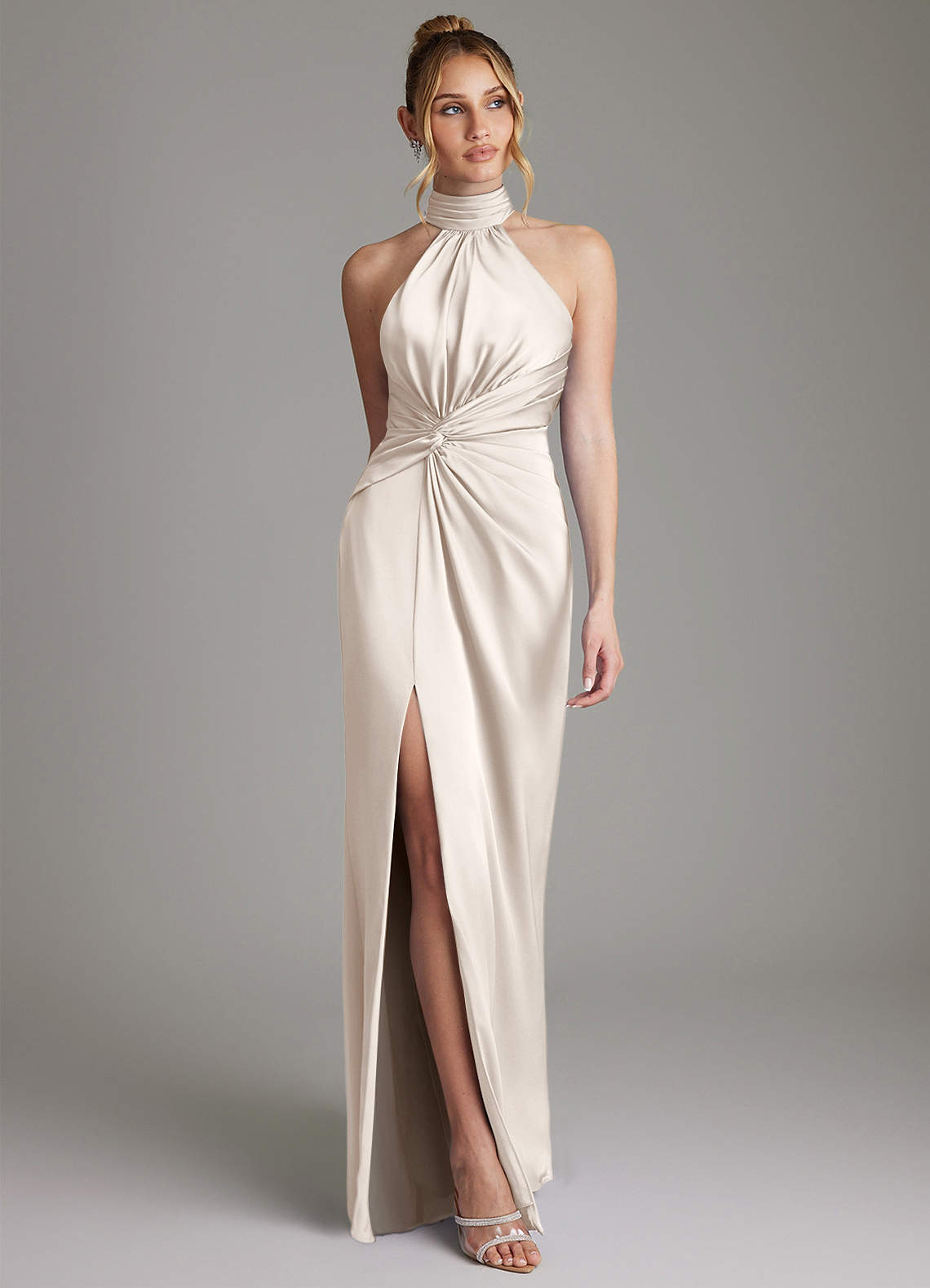Gracelynn Sheath Halter Stretch Satin Bridesmaid Dress in White Alabaster