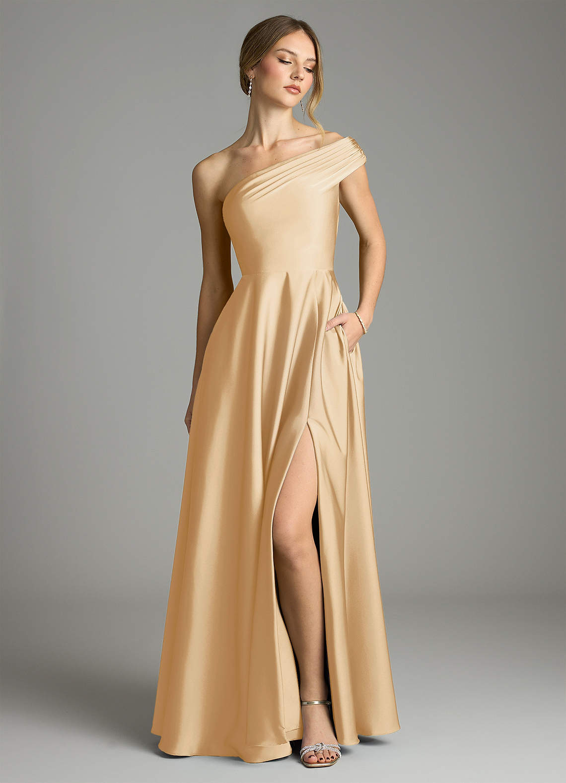 Melanie A-Line One-Shoulder Stretch Satin Bridesmaid Dress in Gold