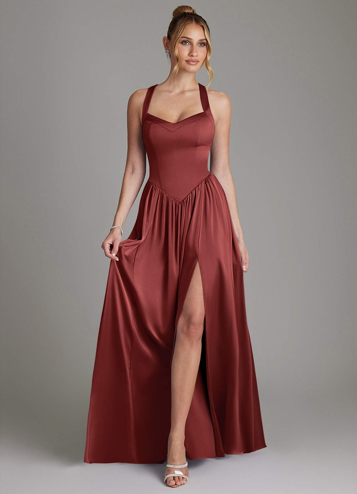 Francis A-Line V-Neck Stretch Satin Bridesmaid Dress in Terracotta