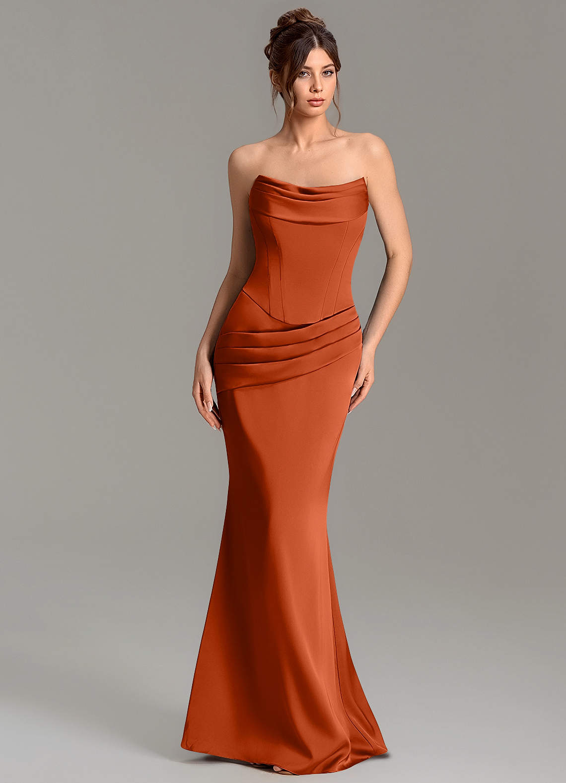 Adrienne Mermaid Cowl-Neck Stretch Satin Bridesmaid Dress in Paprika
