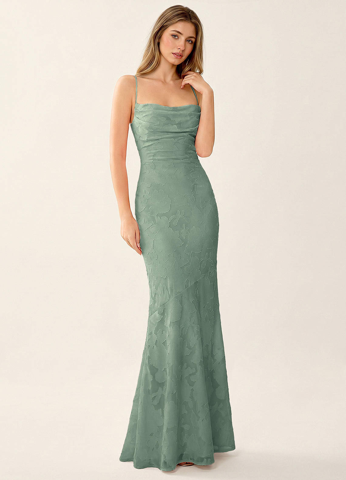 Natasha Mermaid Spaghetti-Strap Floral Burnout Evening Dress in Burgundy